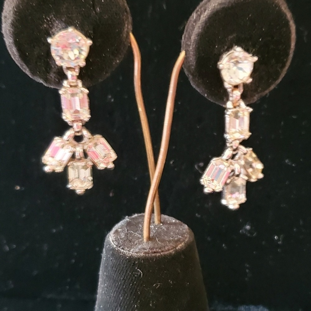 Vintage Bogoff Baguette Rhinestone Drop Earrings Screw Back Classic Understated
